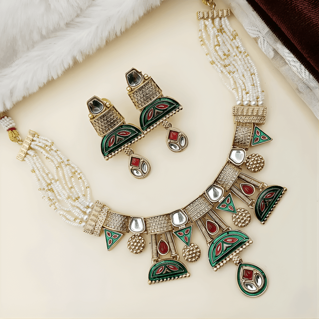Jewelry set with necklace and earrings on a soft surface