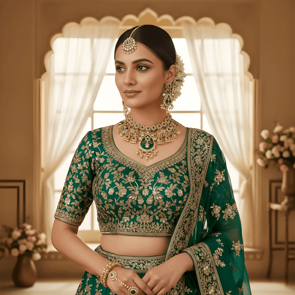 Gold and green jewelry set on a light pink background