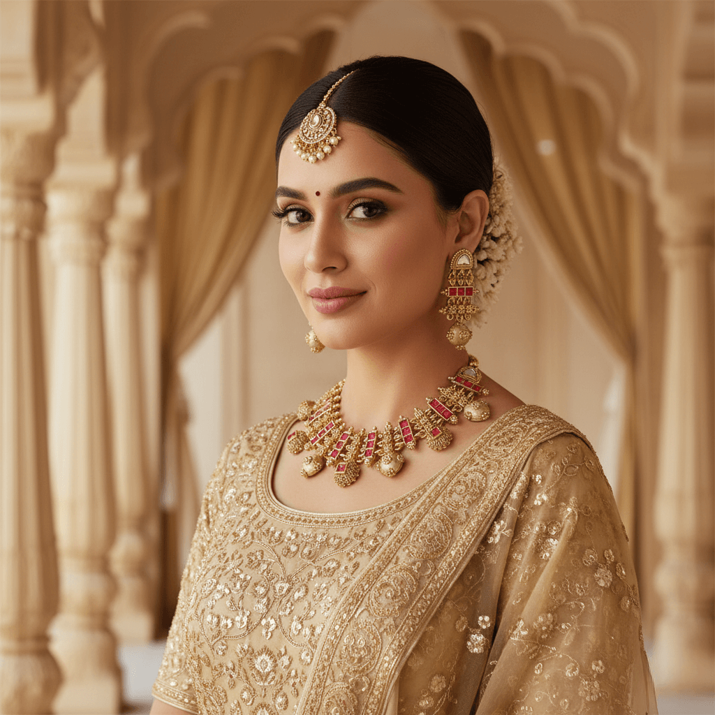 Woman wearing traditional gold jewelry and attire in an ornate setting