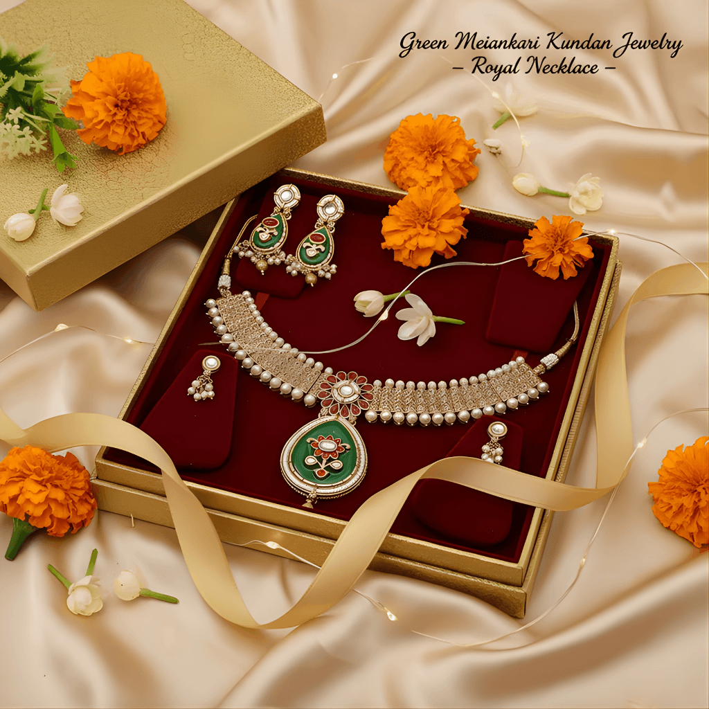 Jewelry set with necklace and earrings in a box, surrounded by flowers on a satin surface.