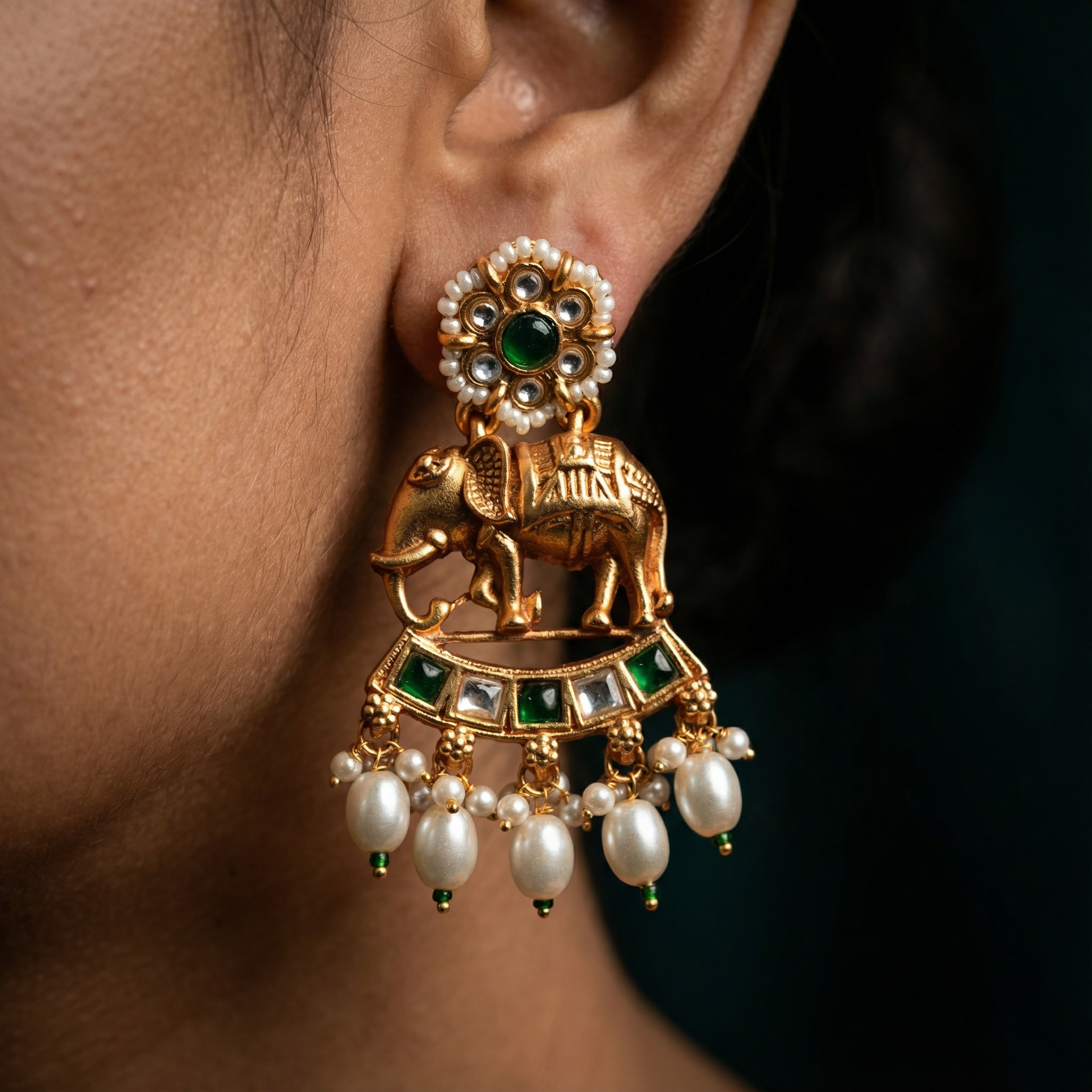 Kundan Necklace Set - Bihari Bridal Necklace with Elephant & Emerald Design