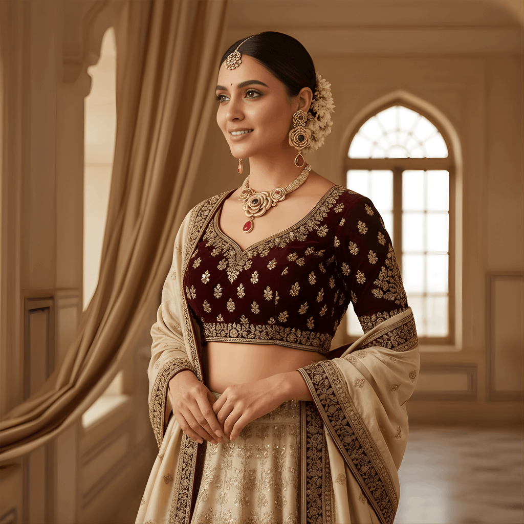 Woman in traditional maroon and beige embroidered outfit with jewelry in a warm-toned interior setting