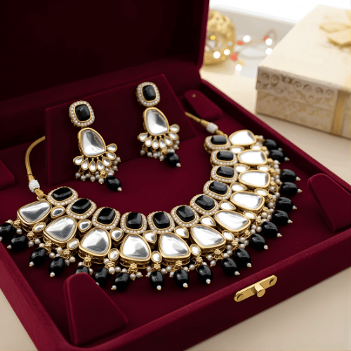 Jewelry set with necklace and earrings on a red velvet box