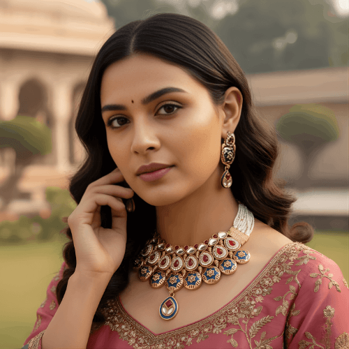 Ornate necklace and earrings set with gold, blue, and red stones on a beige background