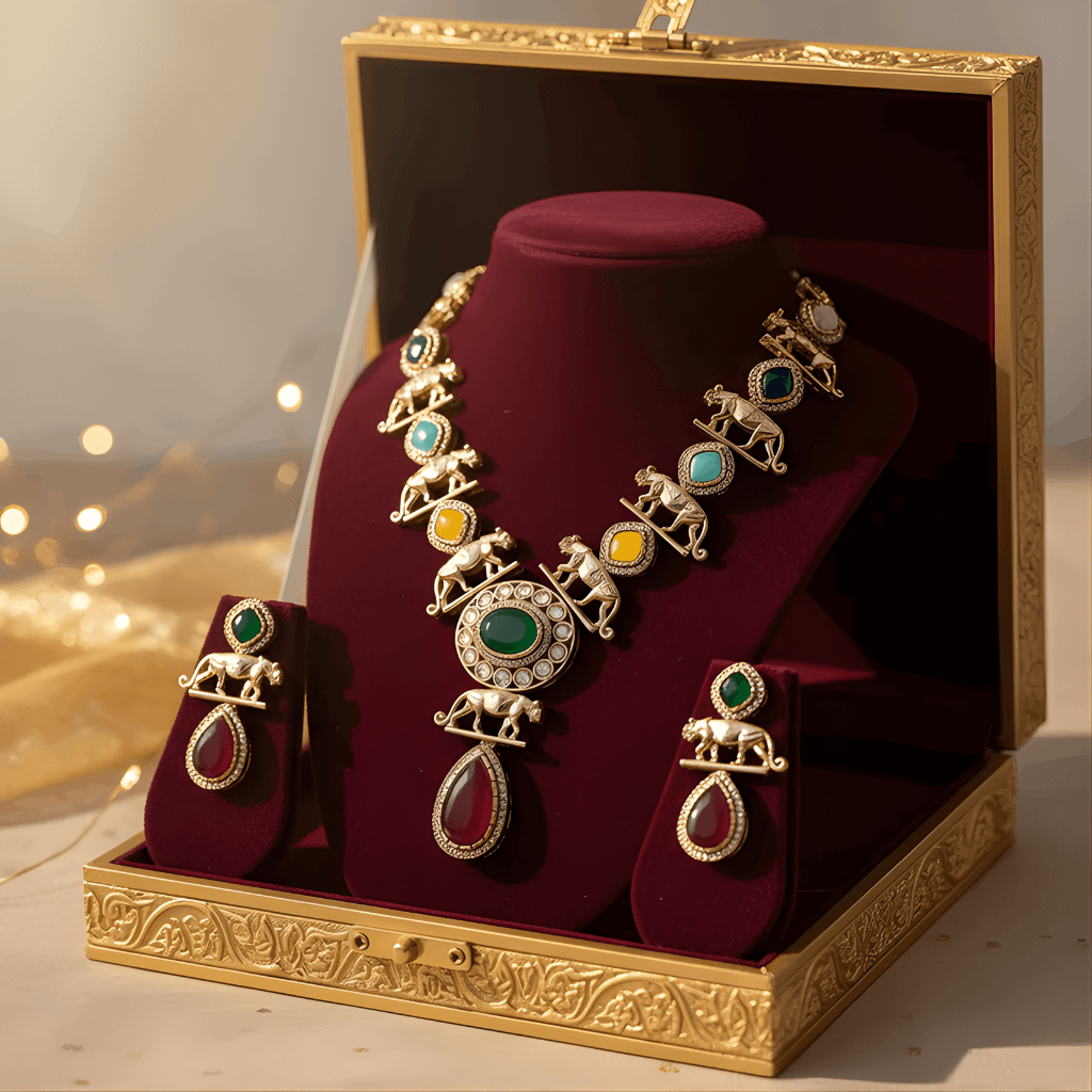 Ornate necklace and earrings set in a decorative box with a blurred background
