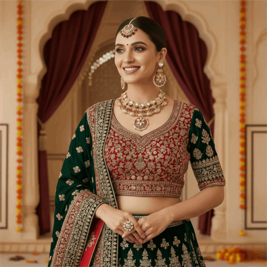 Woman in traditional green and red embroidered outfit with jewelry in a decorated indoor setting