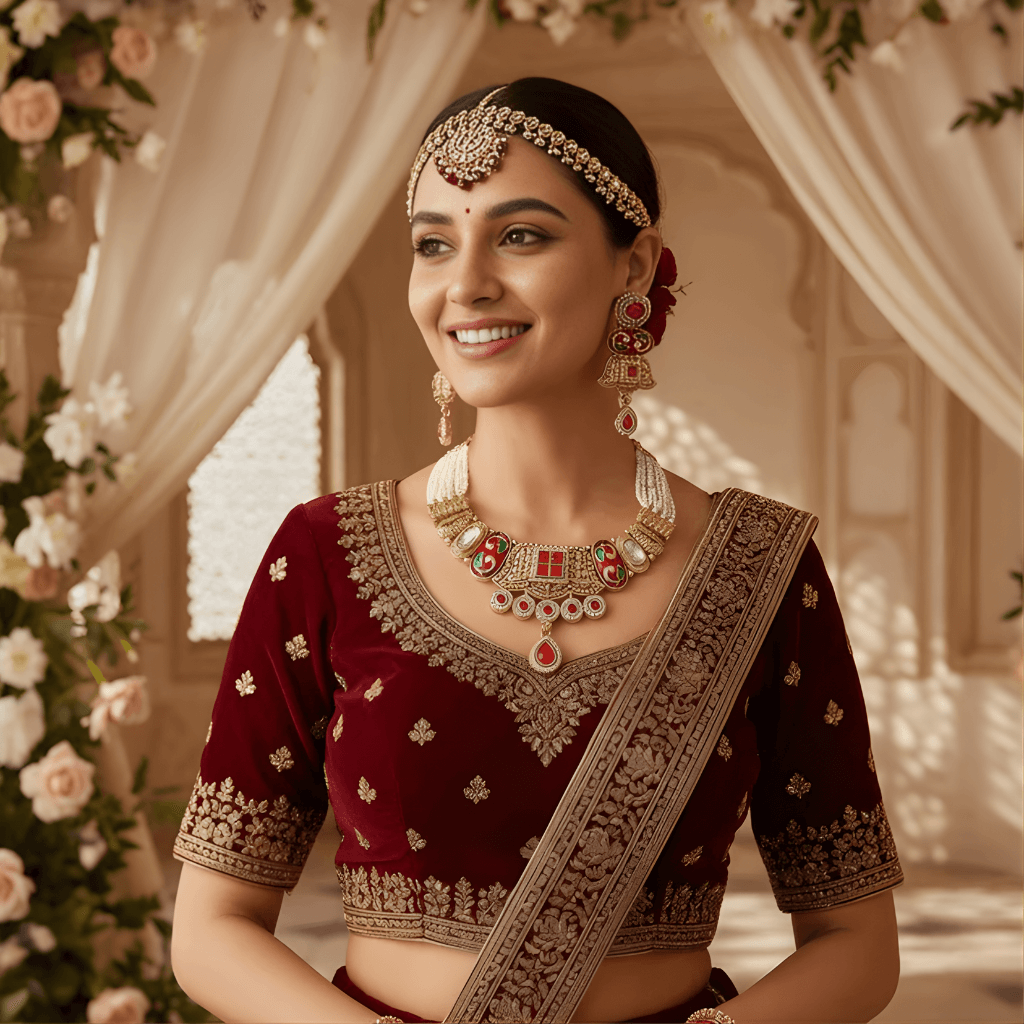 Woman in traditional maroon and gold saree with jewelry in a decorated indoor setting
