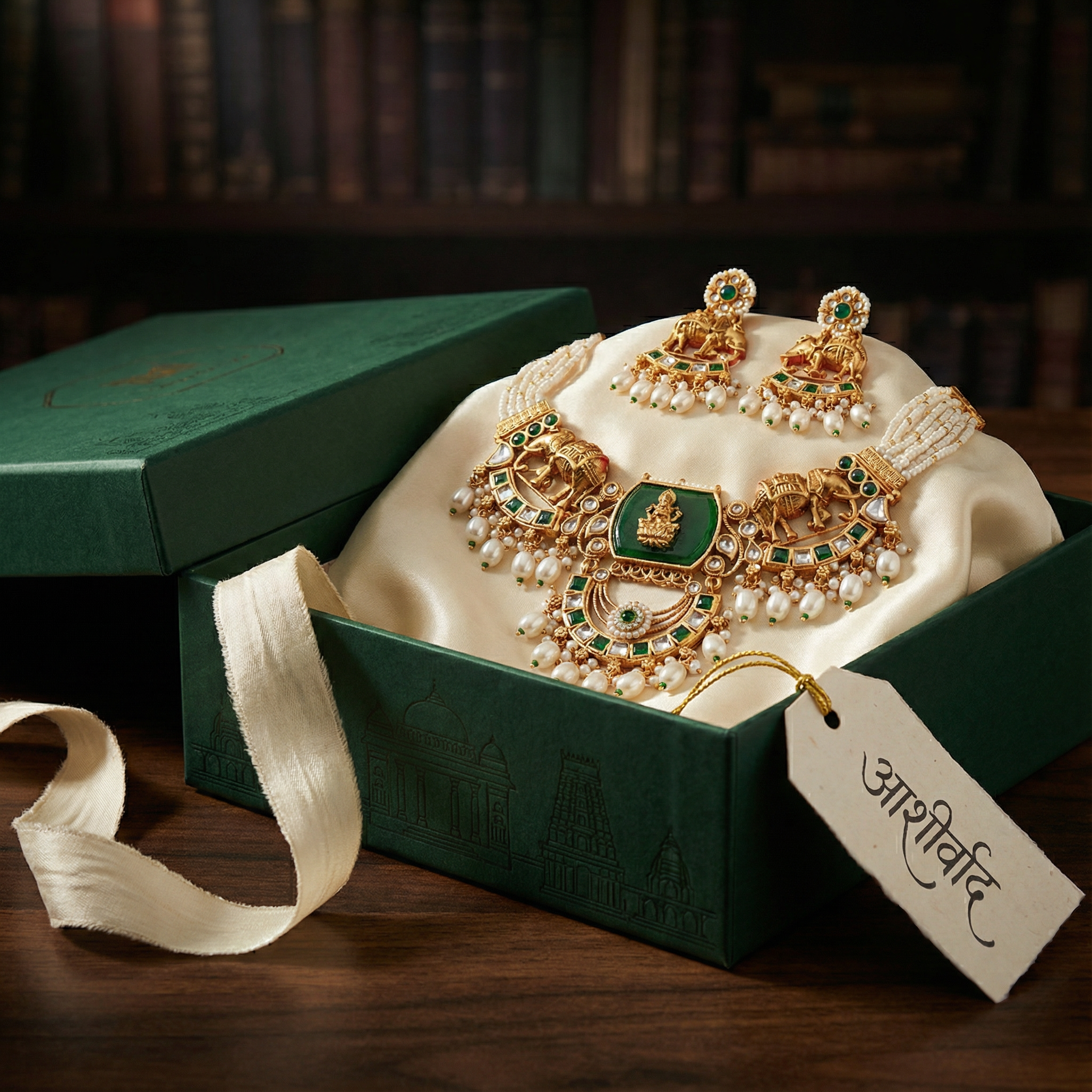 Kundan Necklace Set - Bihari Bridal Necklace with Elephant & Emerald Design