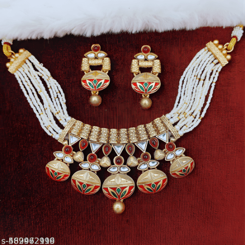 Rajwadi Necklace Set - Madhubala Bridal Jewelry - Gold Meenakari Choker with Earrings & Pearls