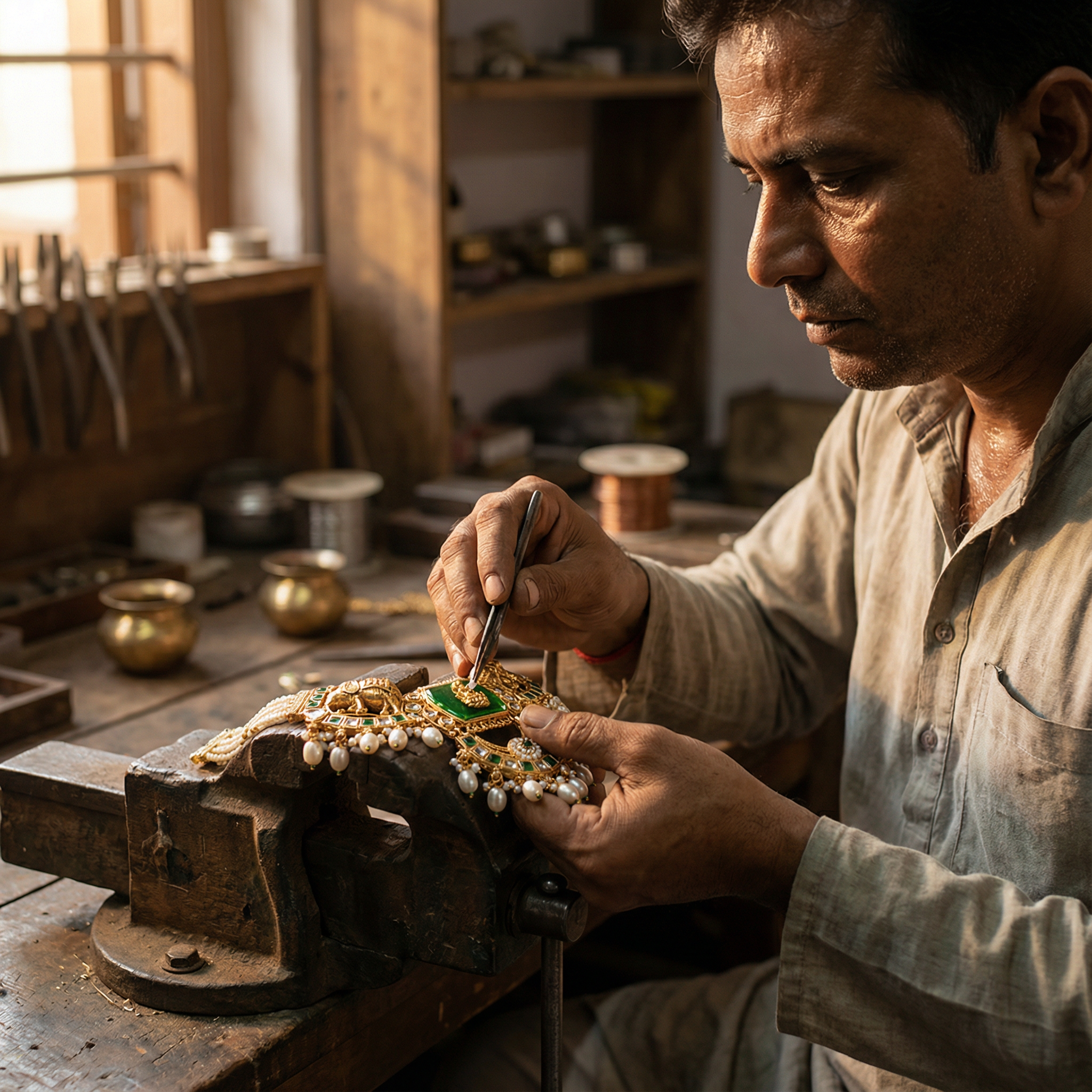 Kundan Necklace Set - Bihari Bridal Necklace with Elephant & Emerald Design