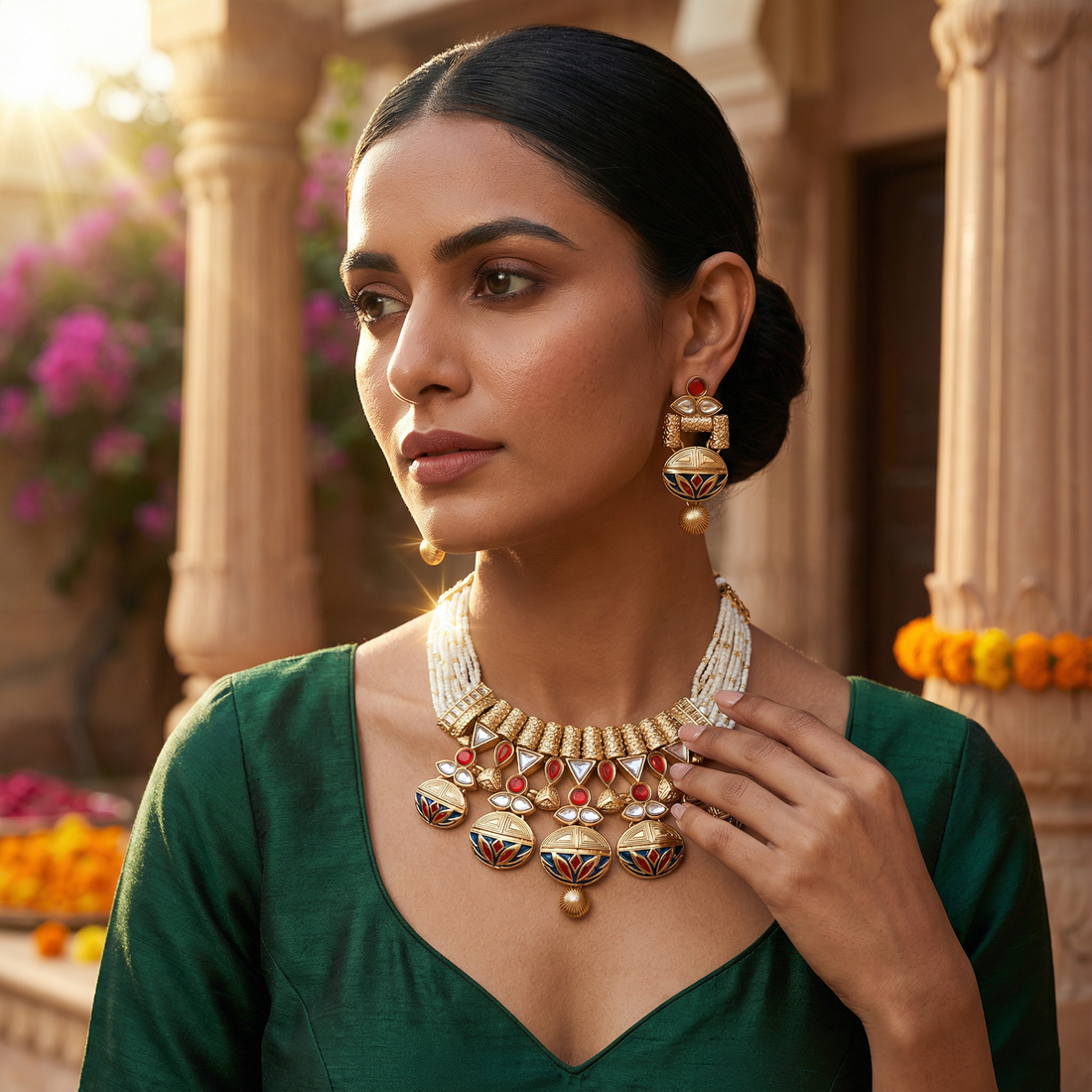 Rajwadi Necklace Set - Madhubala Bridal Jewelry - Gold Meenakari Choker with Earrings & Pearls