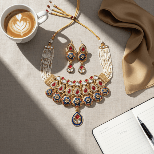 Ornate necklace and earrings on a textured surface with a cup of coffee and notebook.