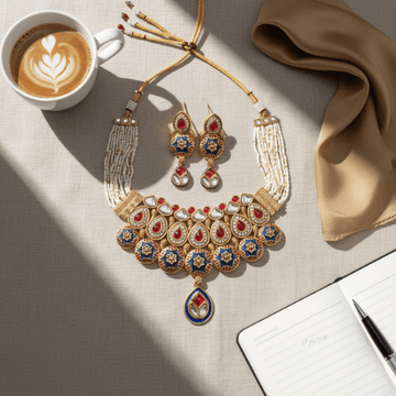 Ornate necklace and earrings on a textured surface with a cup of coffee and notebook.