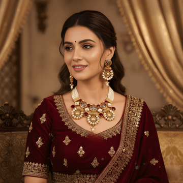 Woman wearing traditional jewelry and a maroon outfit with gold embroidery.