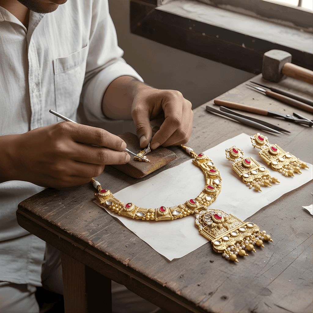 Gold jewelry being crafted on a wooden table with tools and a person working.