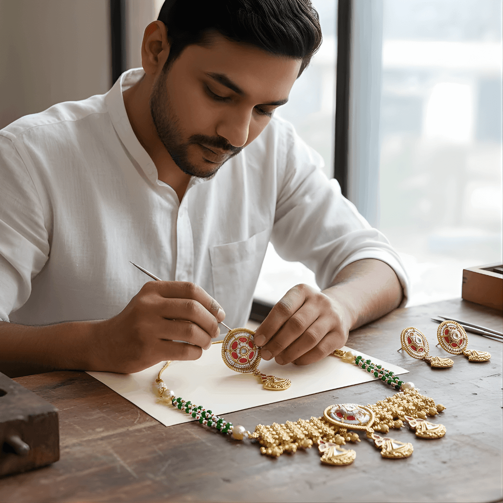 Man working on gold jewelry with intricate designs in a well-lit room.