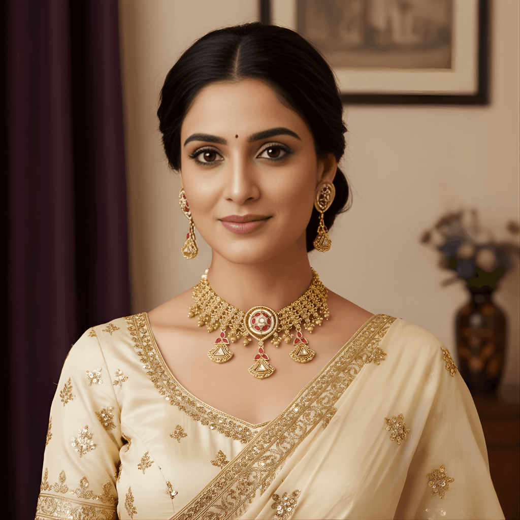 Ornate gold necklace with red and green accents on a beige background