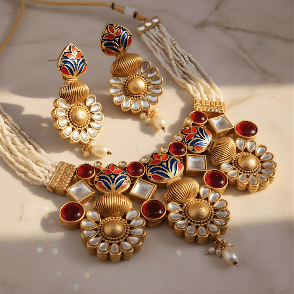 Ornate gold necklace with red and blue accents on a marble surface