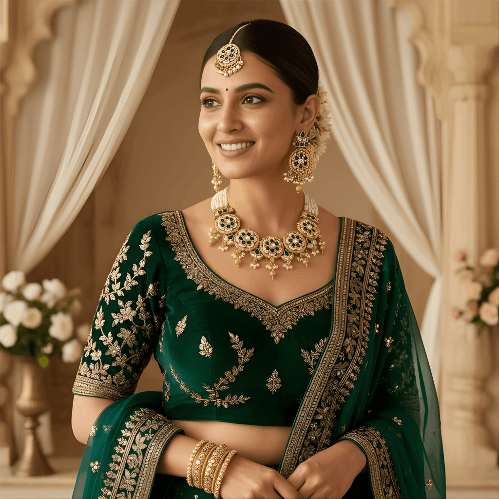 Woman in traditional green and gold outfit with jewelry, standing in a decorated room.