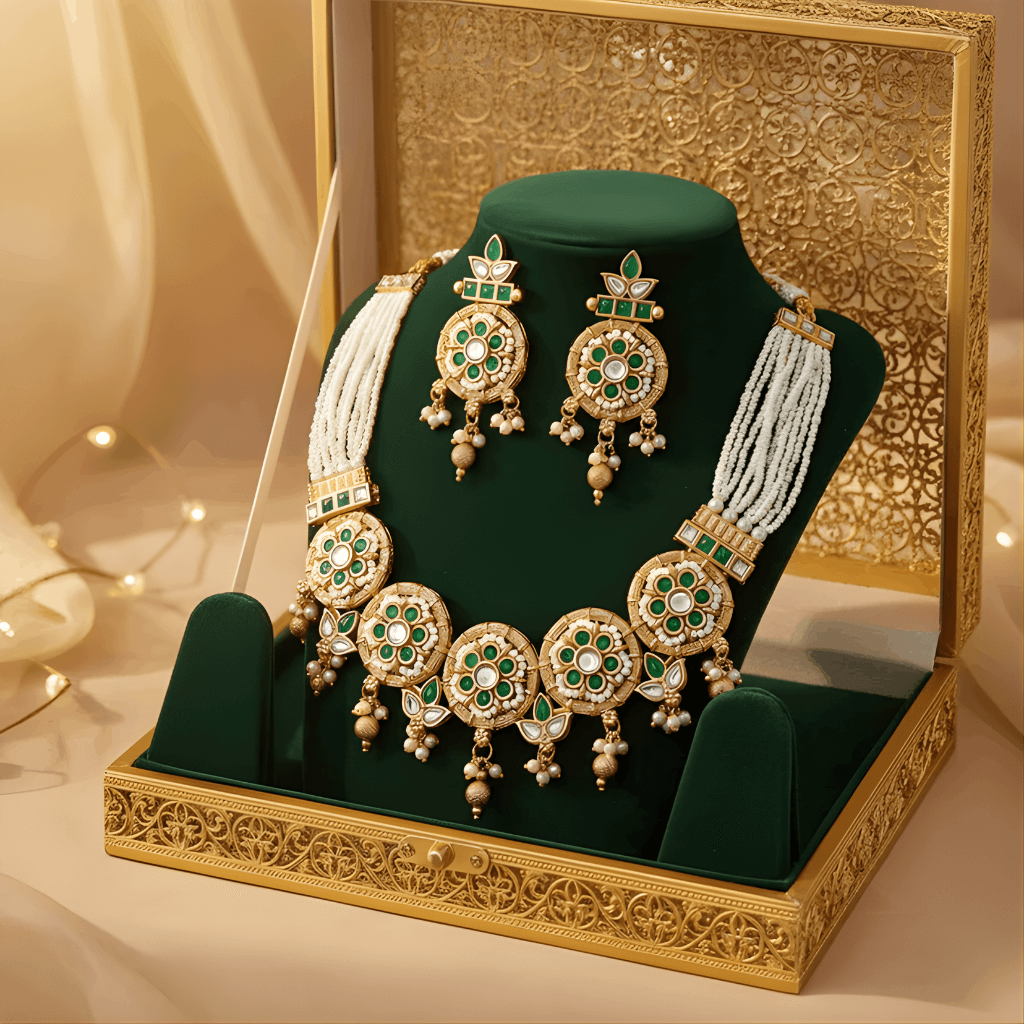 Ornate gold and green jewelry set on a decorative stand with a gold box in the background.