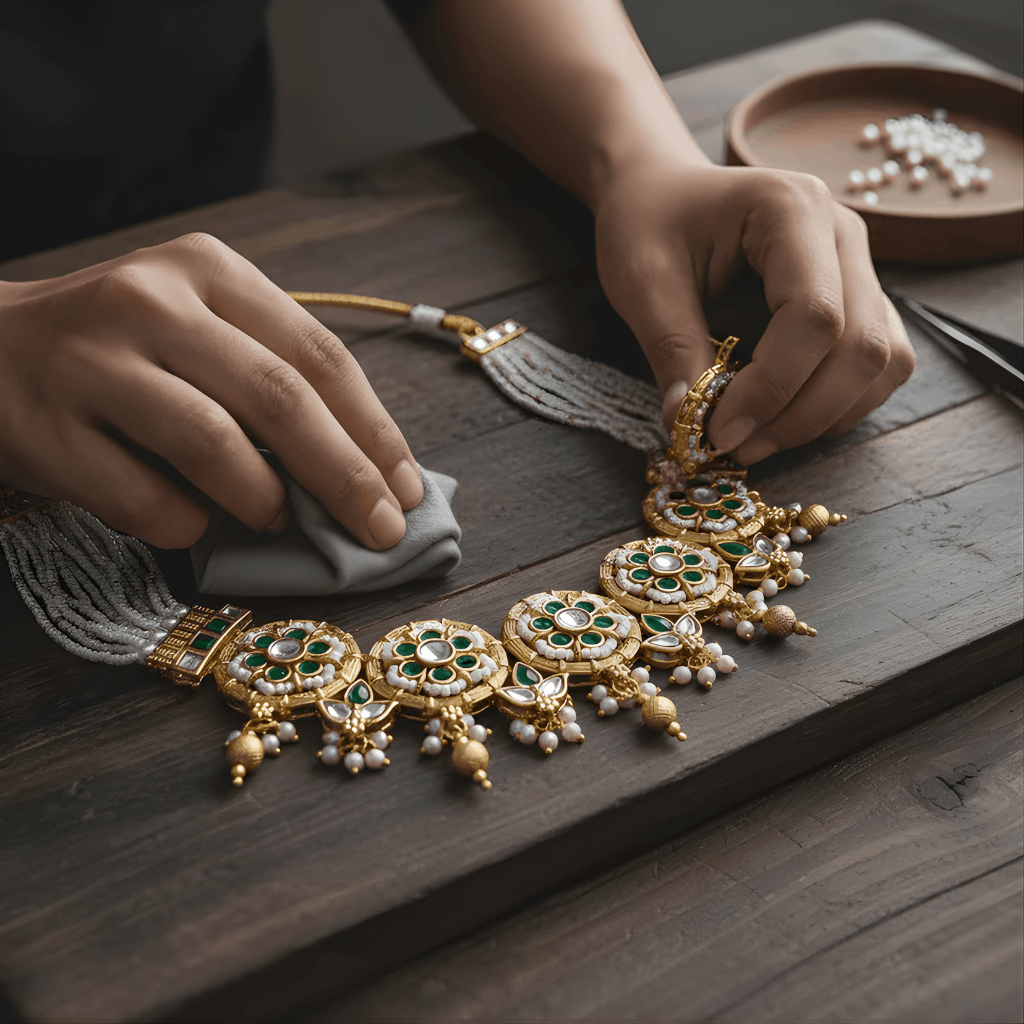 Person cleaning a gold and gemstone necklace on a wooden surface