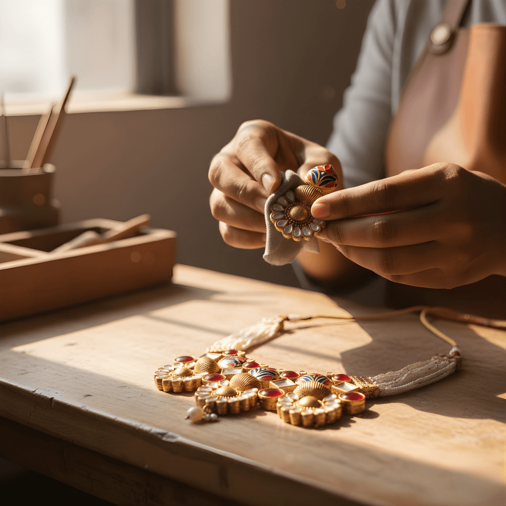 Person polishing a decorative item on a wooden table with a warm light.
