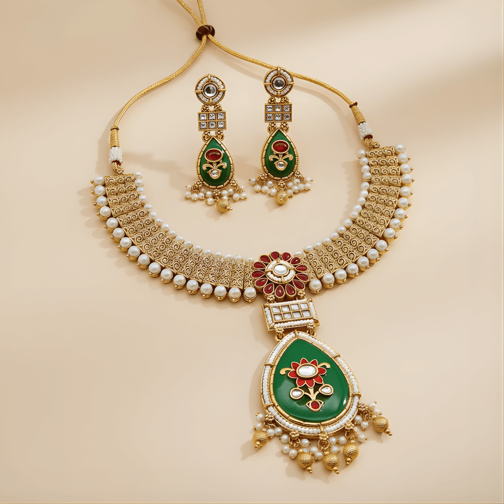 Ornate necklace and earrings set with green and red accents on a beige background