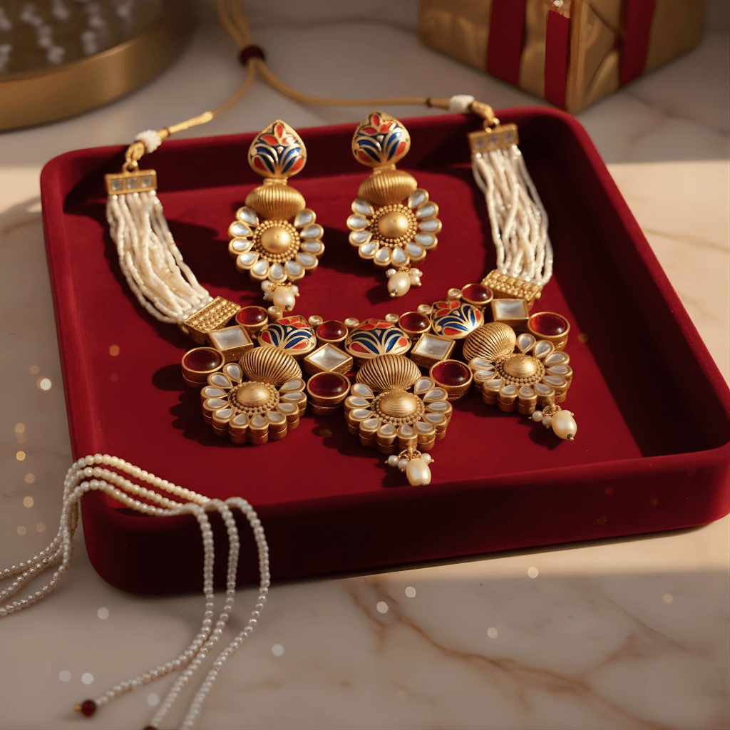 Ornate gold and pearl jewelry set on a red tray with a marble background