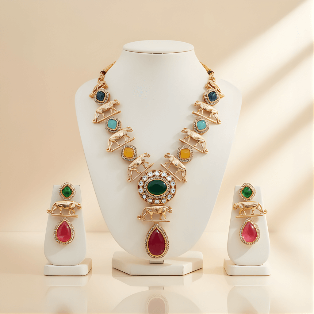 Jewelry set with necklace and earrings on a white stand against a beige background