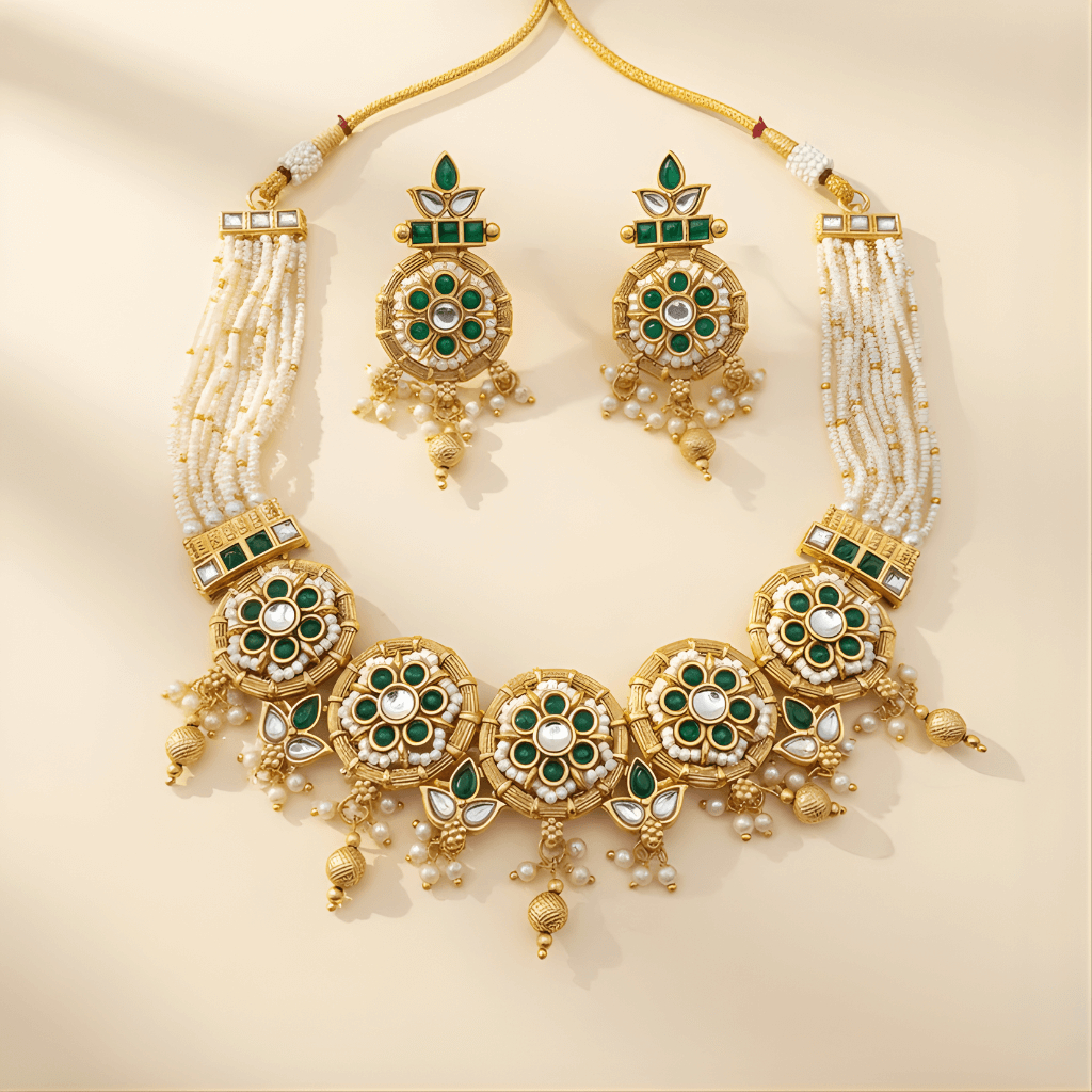 Gold necklace with green gemstones and pearl accents on a beige background