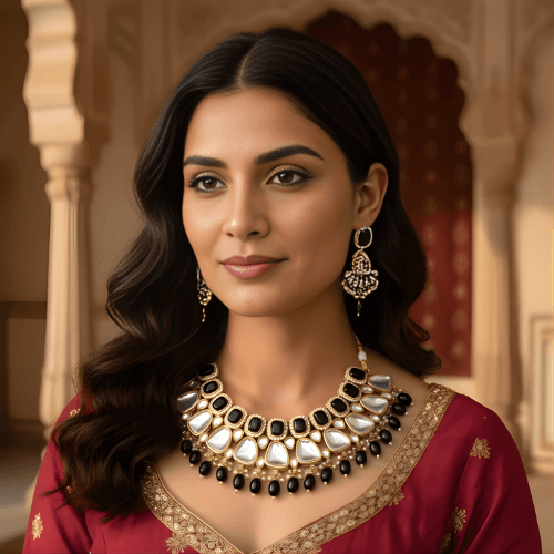 Jewelry set with necklace and earrings on a beige background