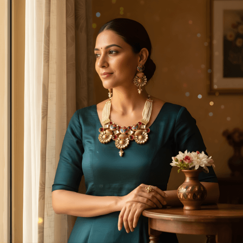 Woman in a teal dress with gold jewelry sitting at a table with a vase of flowers.