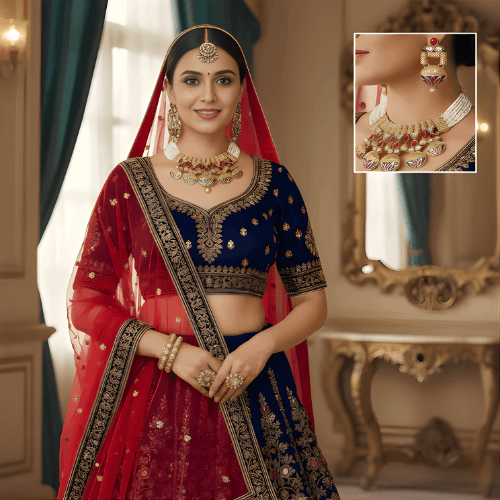 Ornate gold necklace with red and blue accents on a light pink background