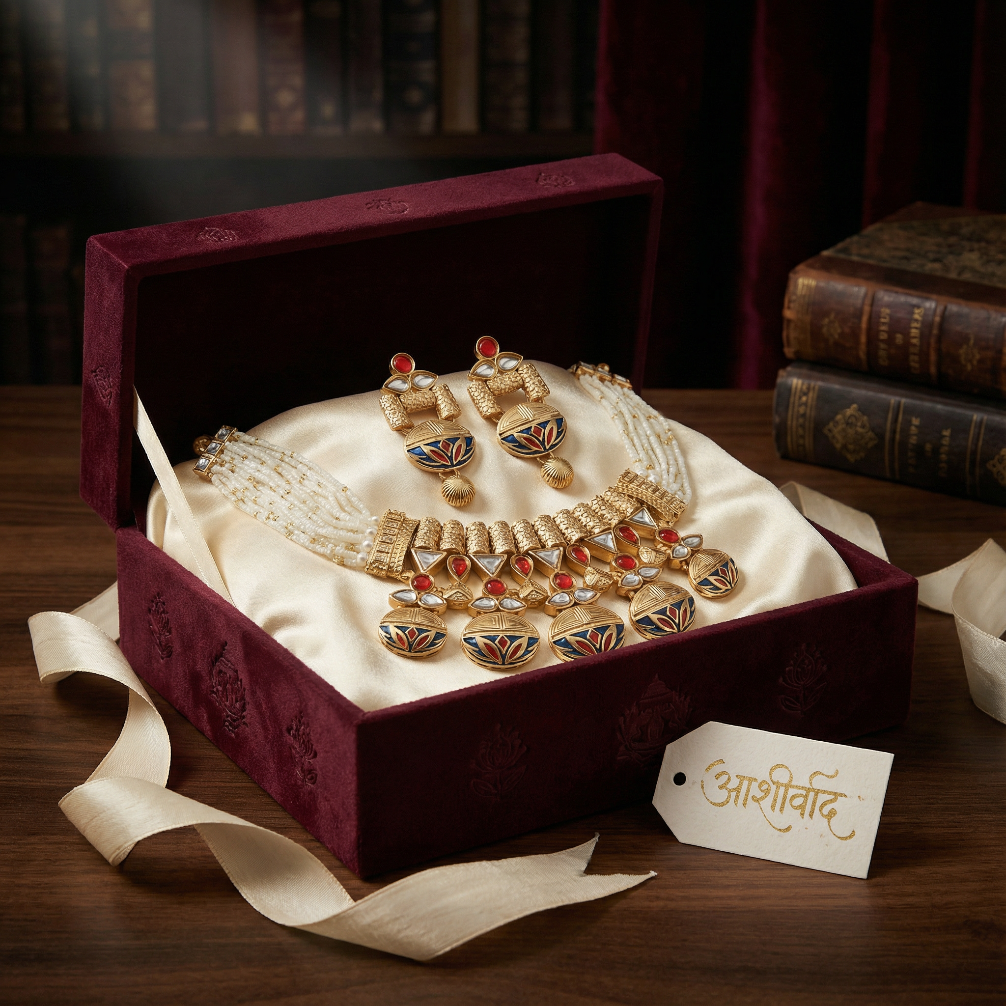 Rajwadi Necklace Set - Madhubala Bridal Jewelry - Gold Meenakari Choker with Earrings & Pearls