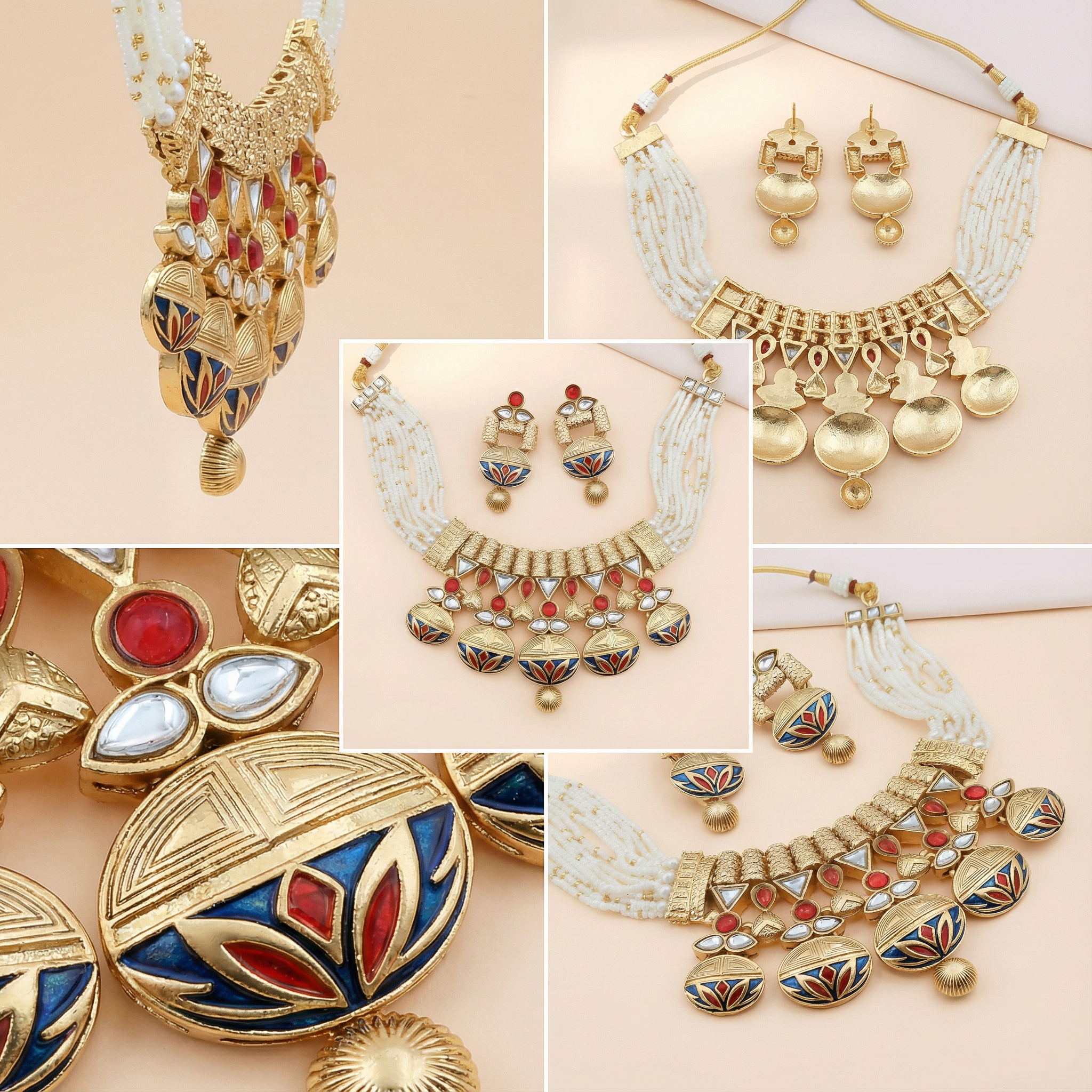 Rajwadi Necklace Set - Madhubala Bridal Jewelry - Gold Meenakari Choker with Earrings & Pearls