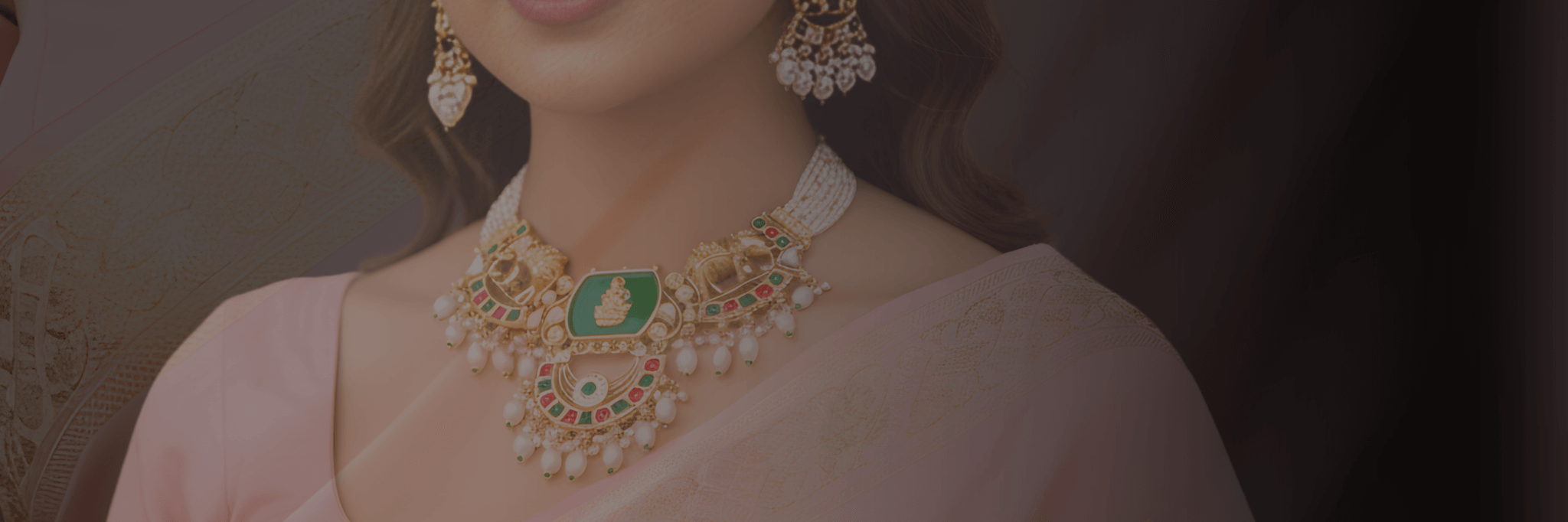 Close-up of a person wearing a decorative necklace and earrings.