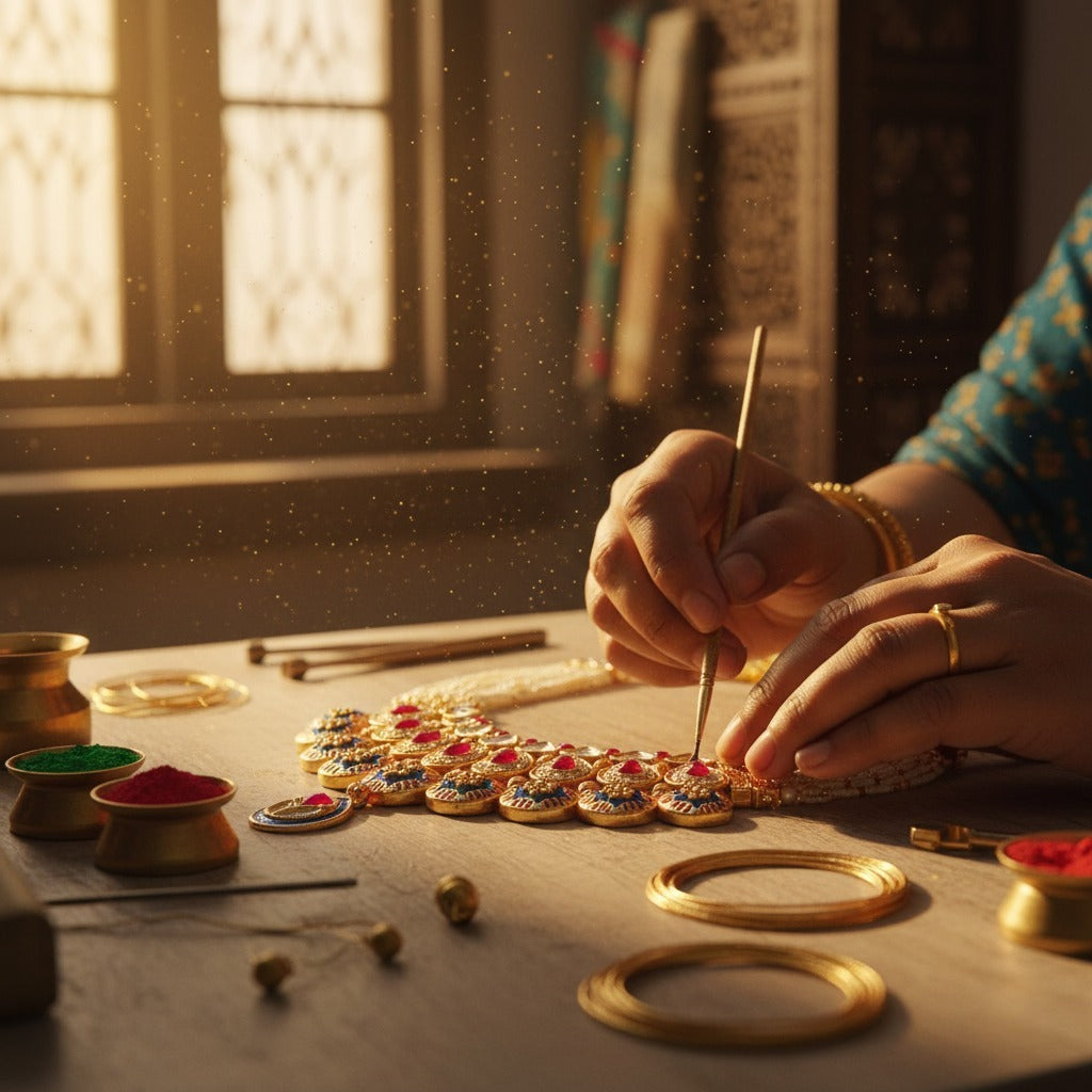 Person working on gold jewelry with various tools and materials on a table.