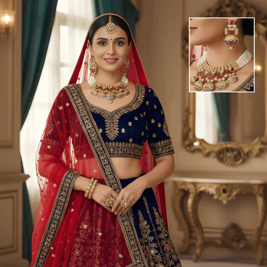 Ornate gold necklace with red and blue accents on a light pink background