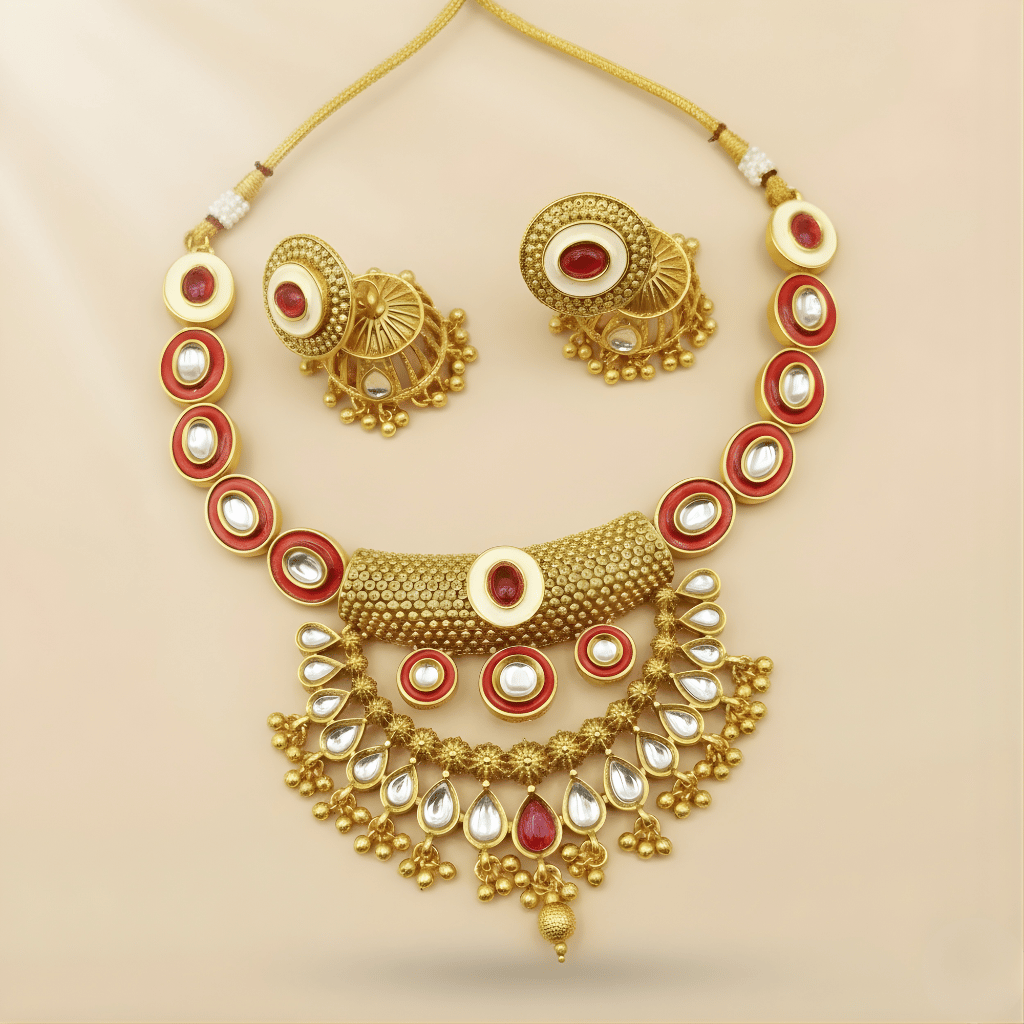 Gold necklace with red and white stones on a beige background