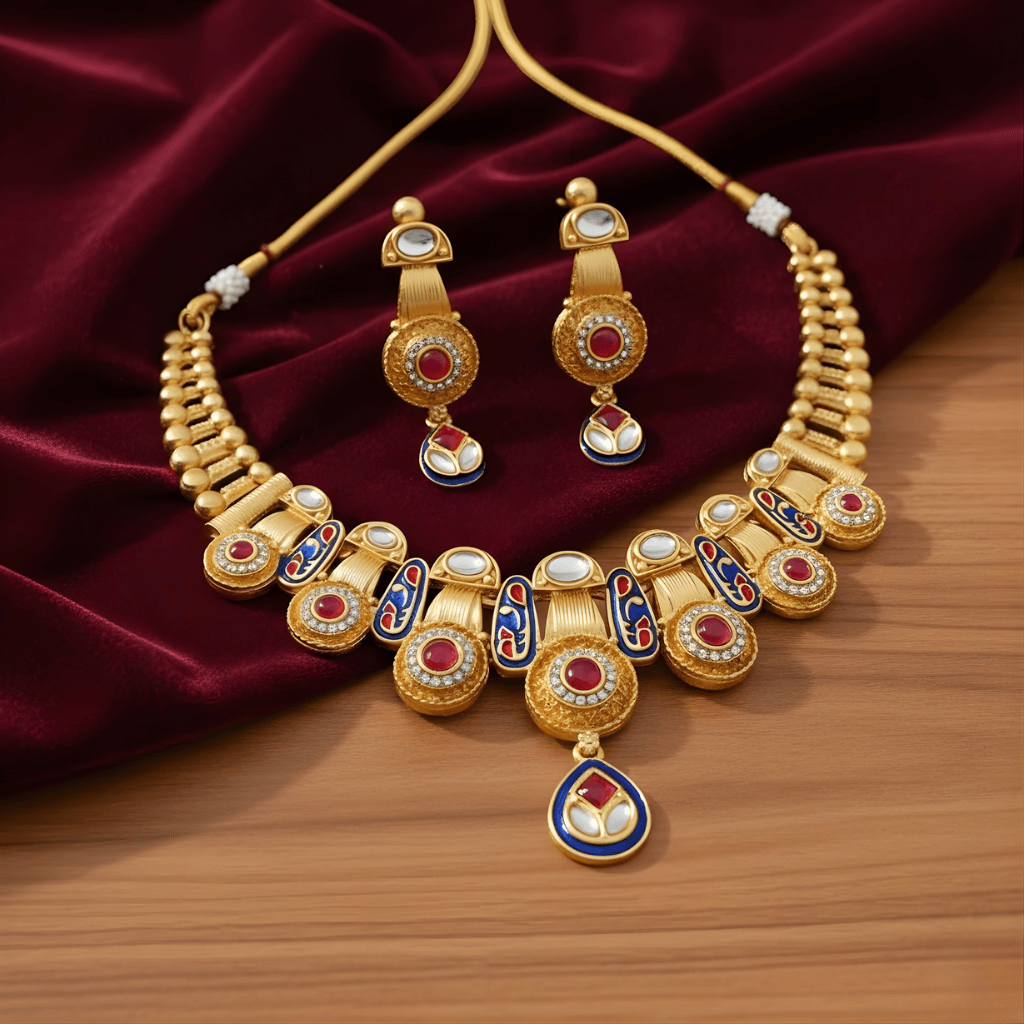 Elegant gold necklace set with red and blue enamel detailing, adorned with ruby-like gems. Placed on a wooden surface with a rich burgundy fabric backdrop.