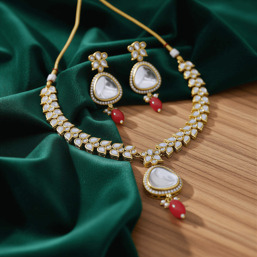 Gold necklace with white stones and red beads on a green fabric background
