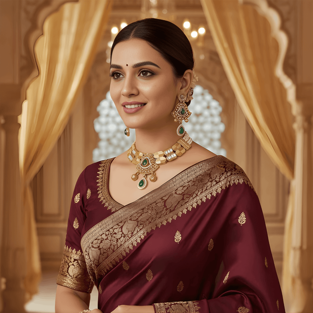 Gold necklace with green gemstones and matching earrings on a beige background