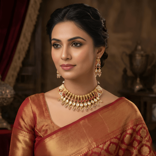 Ornate necklace and earrings set on a beige background