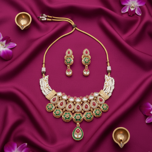 Ornate necklace and earrings set on a purple fabric background with decorative elements.