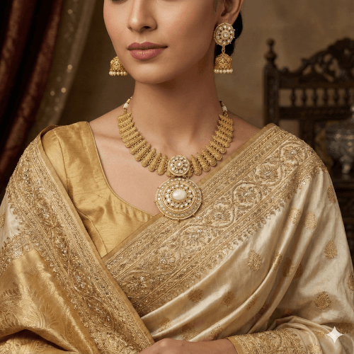 Woman wearing a gold saree with matching jewelry