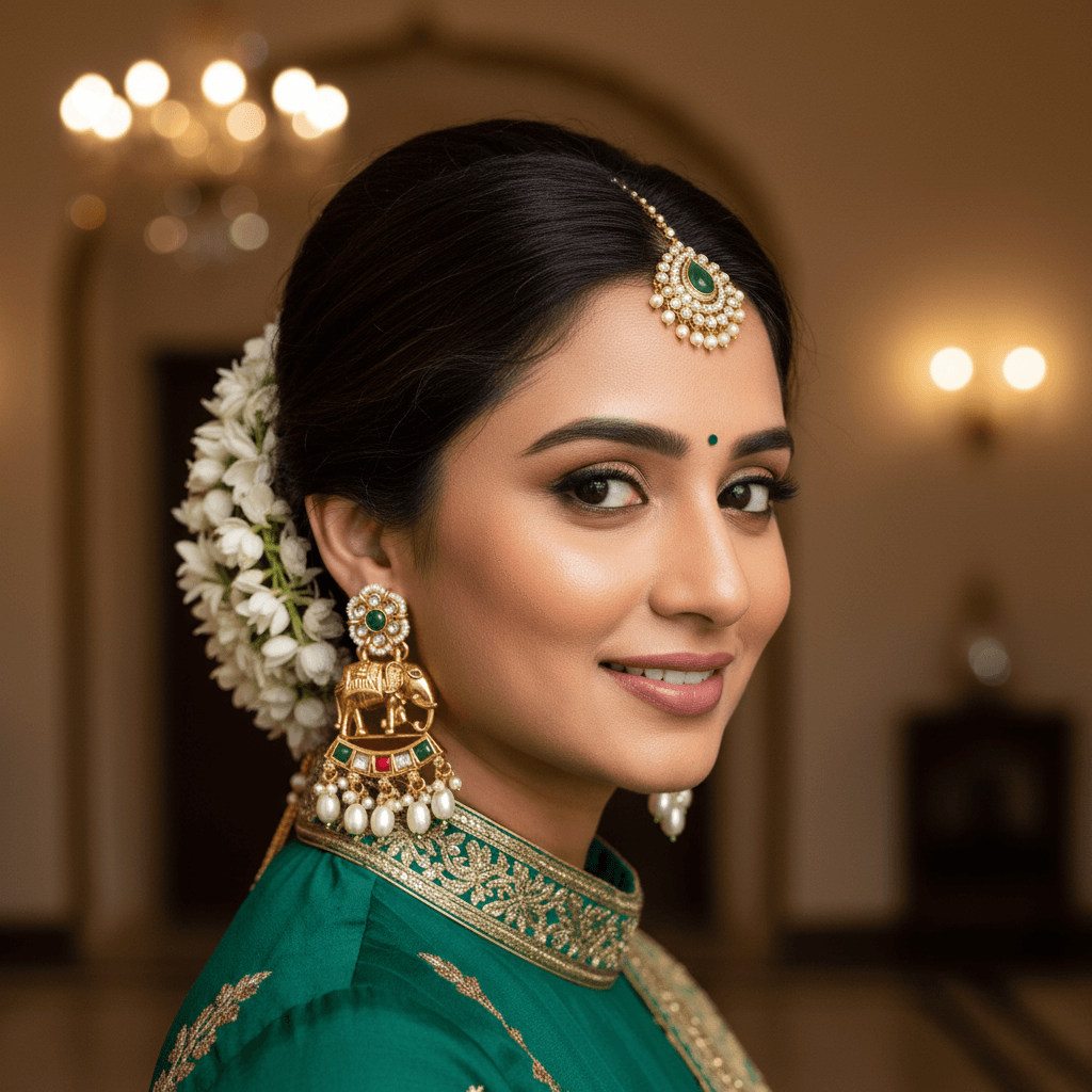 Woman in traditional attire with jewelry and floral hairpiece in a warm indoor setting