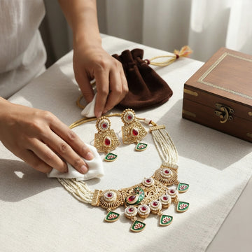 Gold necklace with red and green accents being cleaned on a table with a jewelry box and pouch.