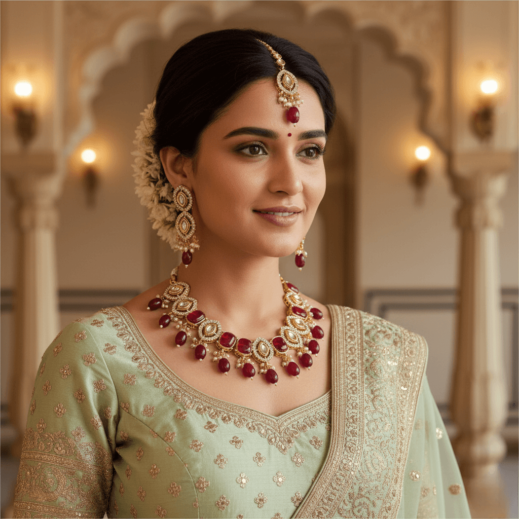 Woman wearing traditional Indian jewelry and attire in an ornate setting