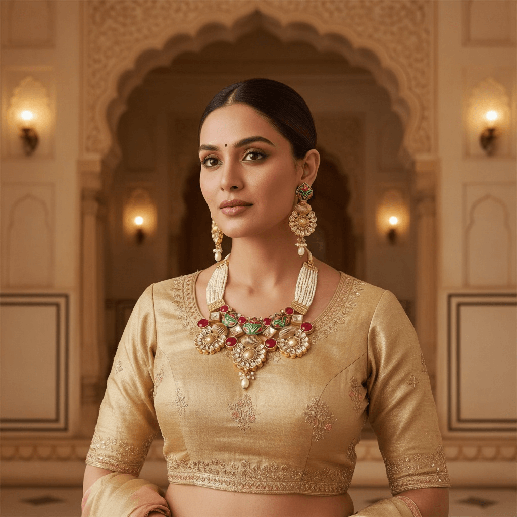 Woman wearing traditional jewelry and a beige outfit in an ornate interior setting