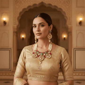 Woman wearing traditional jewelry and a beige outfit in an ornate interior setting
